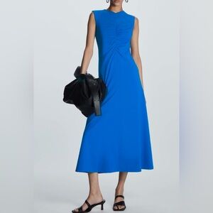 COS Gathered Midi Dress Size Large Blue